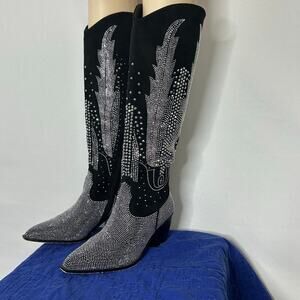 Rhinestone Cowboy Boots Black Western Glam Festival Knee High 8.5